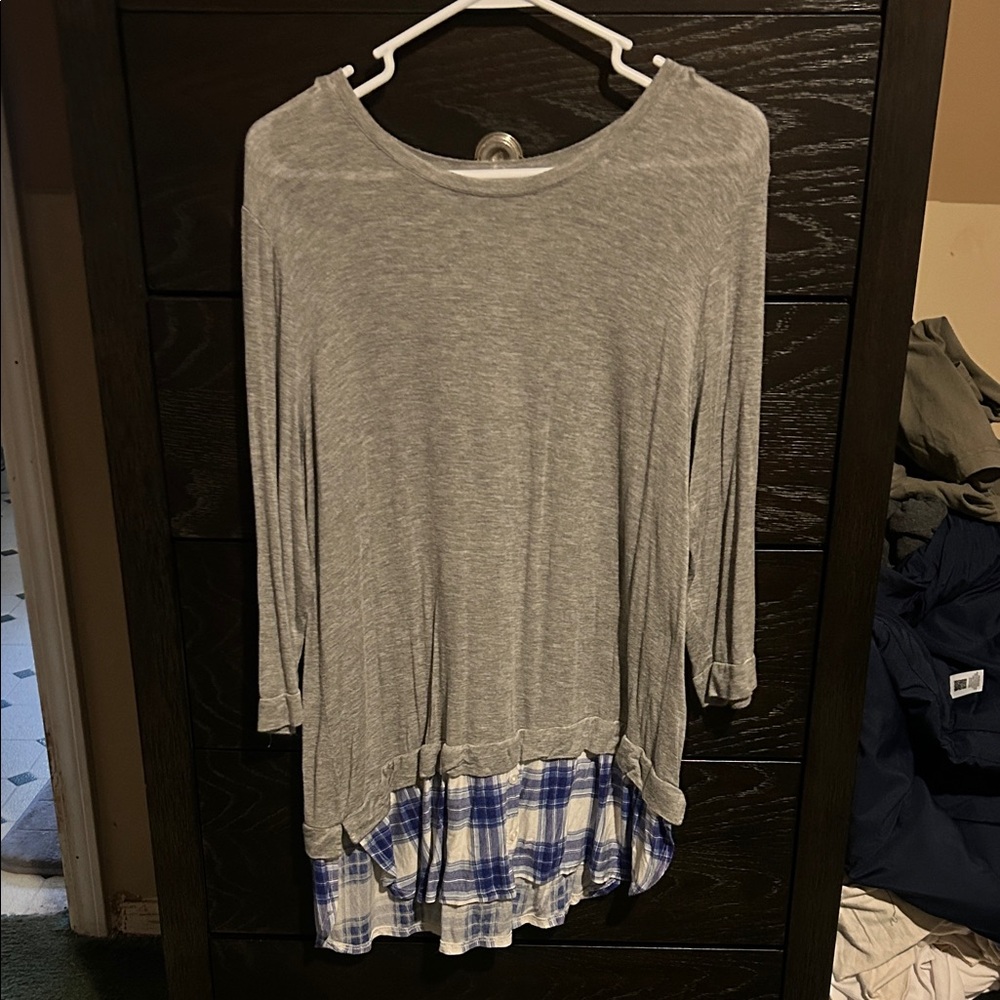 Como Vintage Heather Gray and Blue Plaid Layered Top